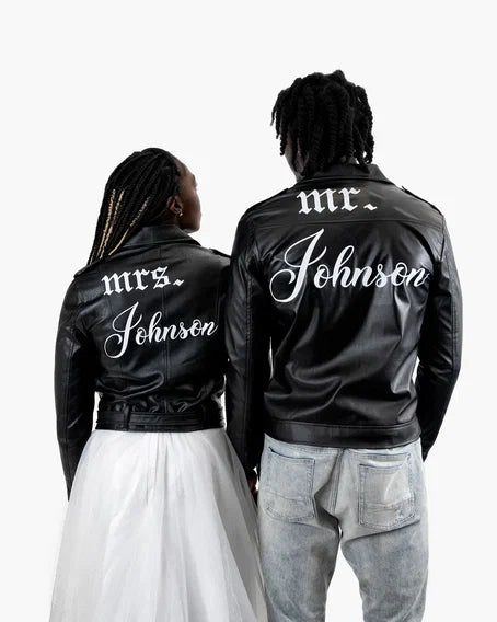 Custom Mr Mrs Faux Leather jackets for Bride and Groom