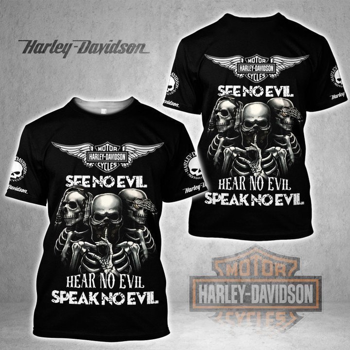 Harley Davidson Skull See No Evil Hear No Evil Tshirt