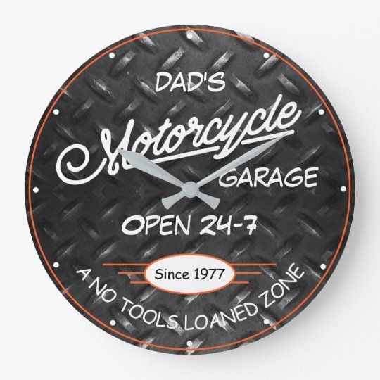 Motorcycle Garage Name Diamond Plate Image Large Clock