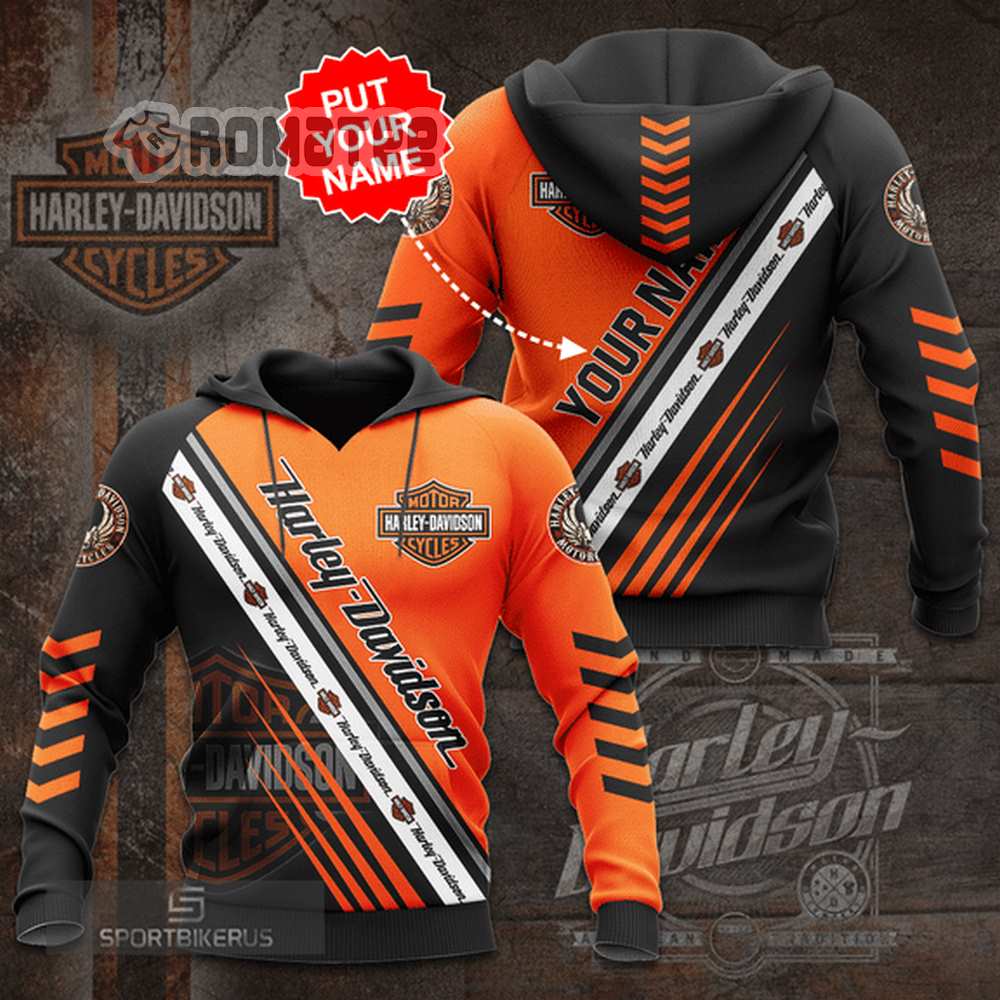 Personalized Name Harley Davidson Logos 3D Hoodie Orange Black Harley Davidson Eagle Logos 3D Hoodie