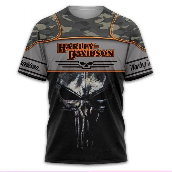 The Punisher Skull Harley Davidson Motorcycle Army Green Camouflage 3D Tshirt