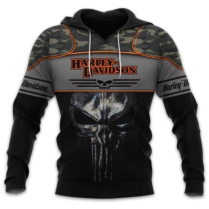 The Punisher Skull Harley Davidson Motorcycle Army Green Camouflage Hoodie