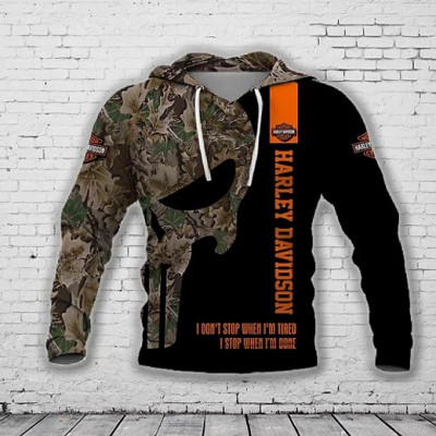 Harley Davidson Camouflage skull I dont stop when Im tired I stop when Im done Hoodie