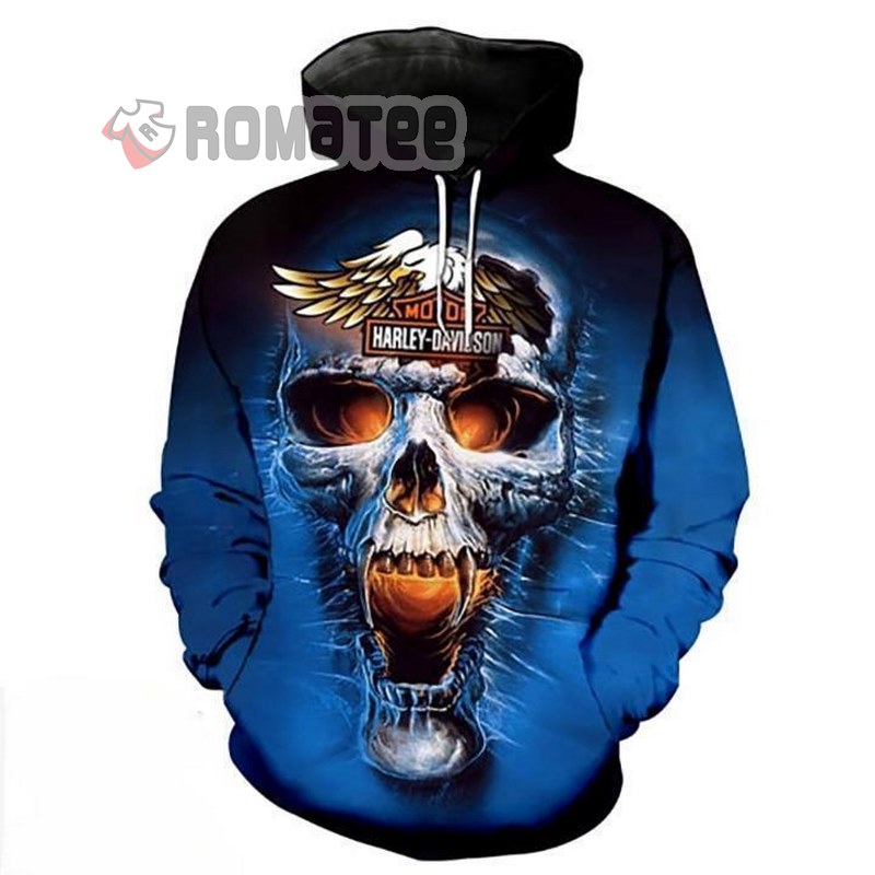 Harley Davidson Eagle Logo On Devil Skull Royal Blue 3D Hoodie