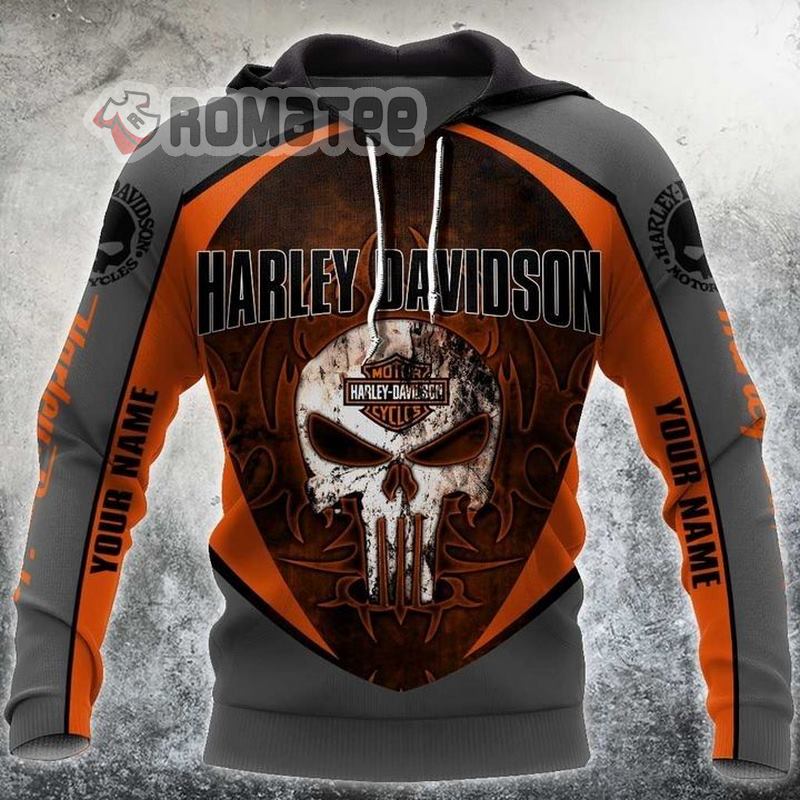 Harley Davidson Punisher Skull Flame Grey Orange Custom Name 3D Hoodie