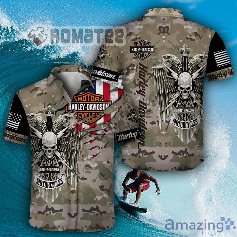 Harley Davidson Skull Army Camouflage Scratch American Flag 3D Hawaiian Shirt