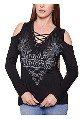 Harley Davidson Womens Embellished Cold Shoulder Long Sleeve Top – Black occasions center