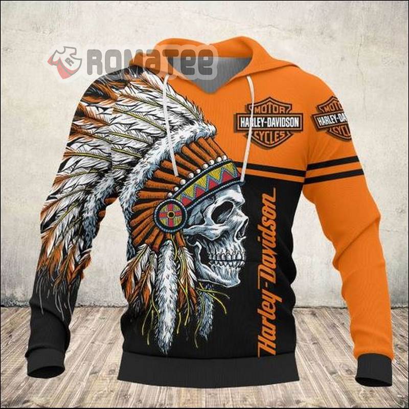 Native American Skull Harley Davidson Black Orange 3D Hoodie