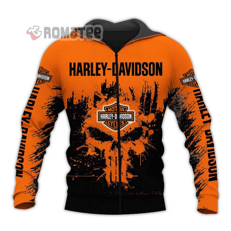 The Punisher Skull Harley Davidson Logos Orange Black 3D Hoodie