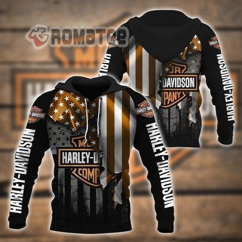 Harley Davidson Company Torn American Flag Dark Forest 3D All Over Print Hoodie