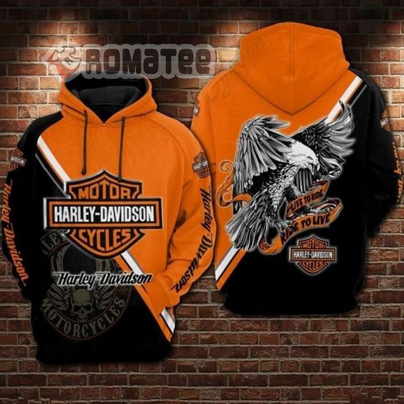 Harley Davidson Live To Ride Ride To Live Eagle Crab Banner Diagonal Line Black Orange 3D Hoodie All Over Print