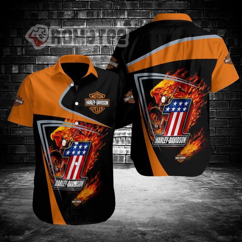 Harley Davidson Motorcycles Eagle Flaming American Flag One Club 3D All Over Print Hawaiian Shirt