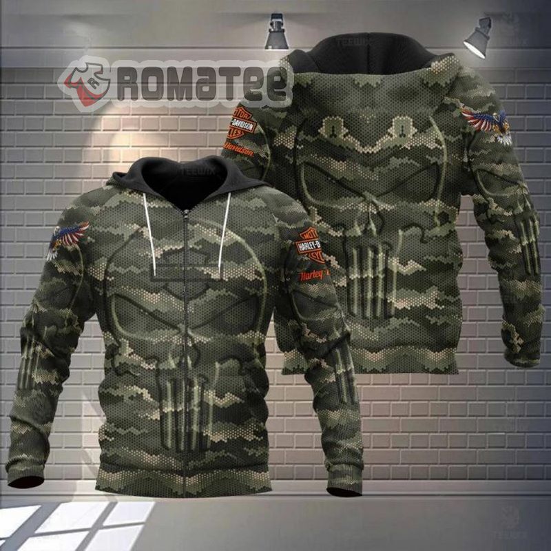 Harley Davidson Motorcycles Willie G Skull Eagle American Flag Army Camo 3D All Over Print Zip Hoodie