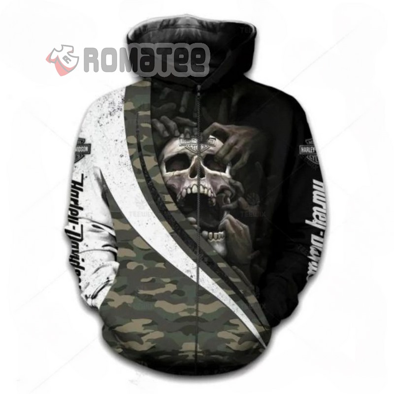 Harley Davidson Skull Devil Hand Drag Death Skull Army Camo 3D All Over Print Zip Hoodie