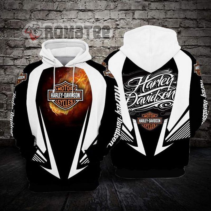 Harley Davidson Stylized Handwriting Flaming Motorcycles White Hat 3d All Over Print Hoodie