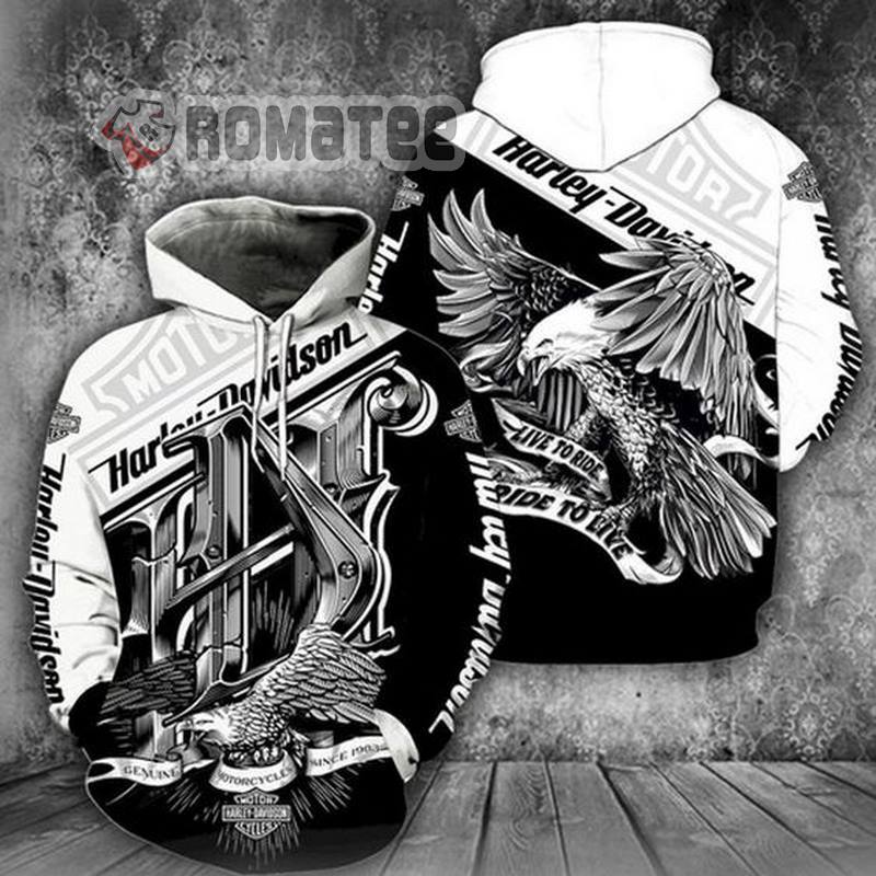 Live To Ride Ride To Live Eagle Flap Harley Davidson Black And White 3D All Over Print Hoodie