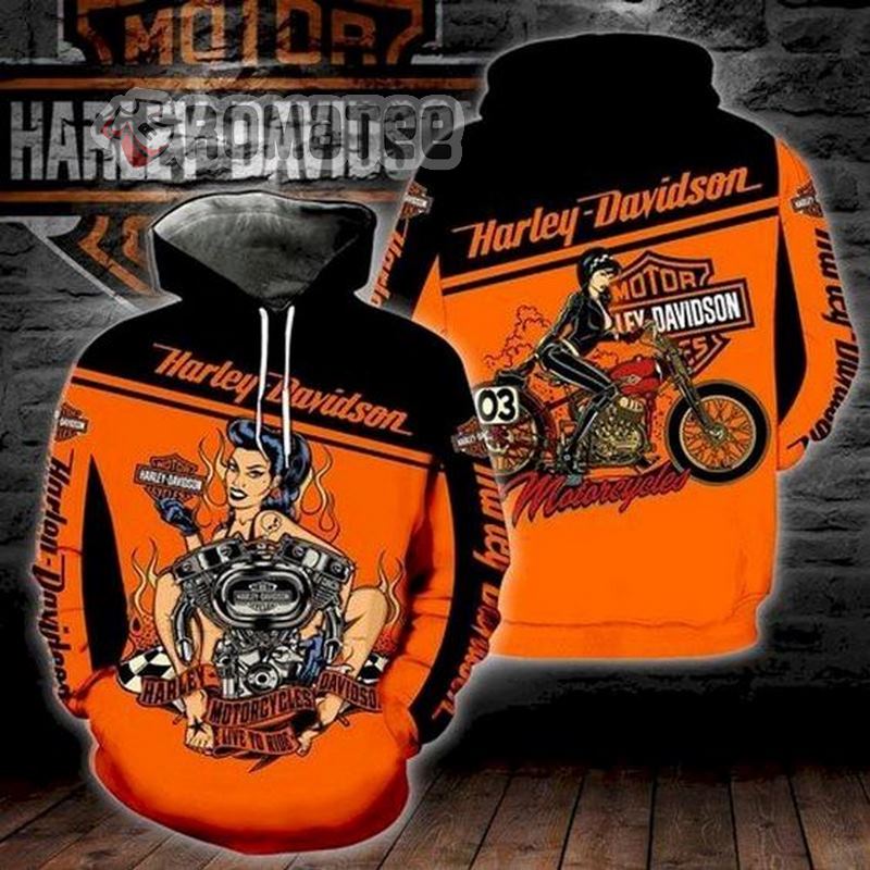 Motorcycles Girl Live To Ride Ride To Live Harley Davidson Motorcycles Diagonal Line Devide Black Orange 3D All Over Print Hoodie