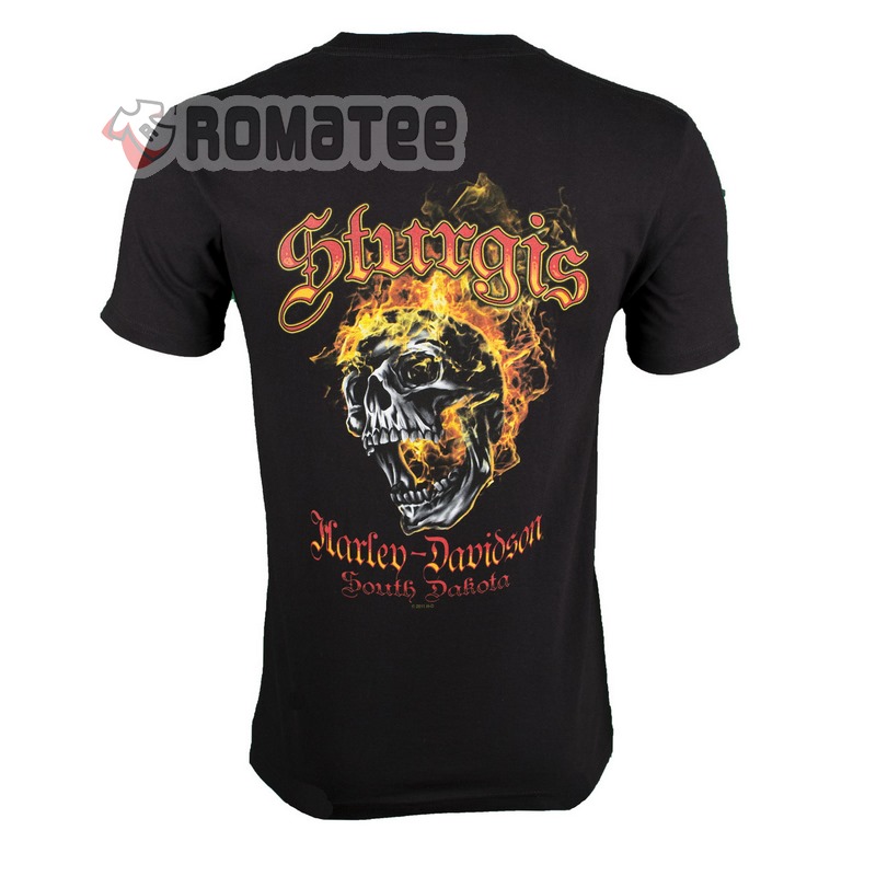Sturgis Harley Davidson Motorcycles Skull Flaming South Dakota 2D T Shirt Back