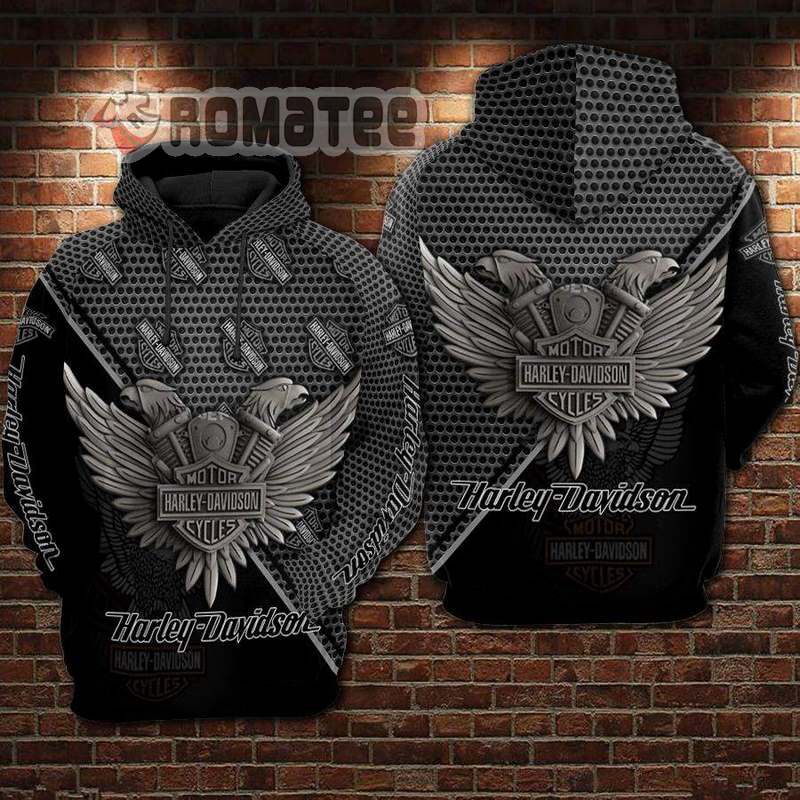 Black Harley Davidson Double Eagle Head Motorcycles Engine Iron Honey Pattern 3D All Over Print Hoodie