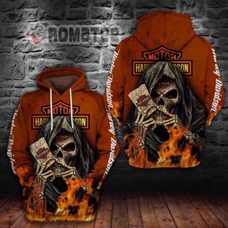 Death Skull Flaming Harley Davidson Motorcycles Card 3D All Over Print Hoodie