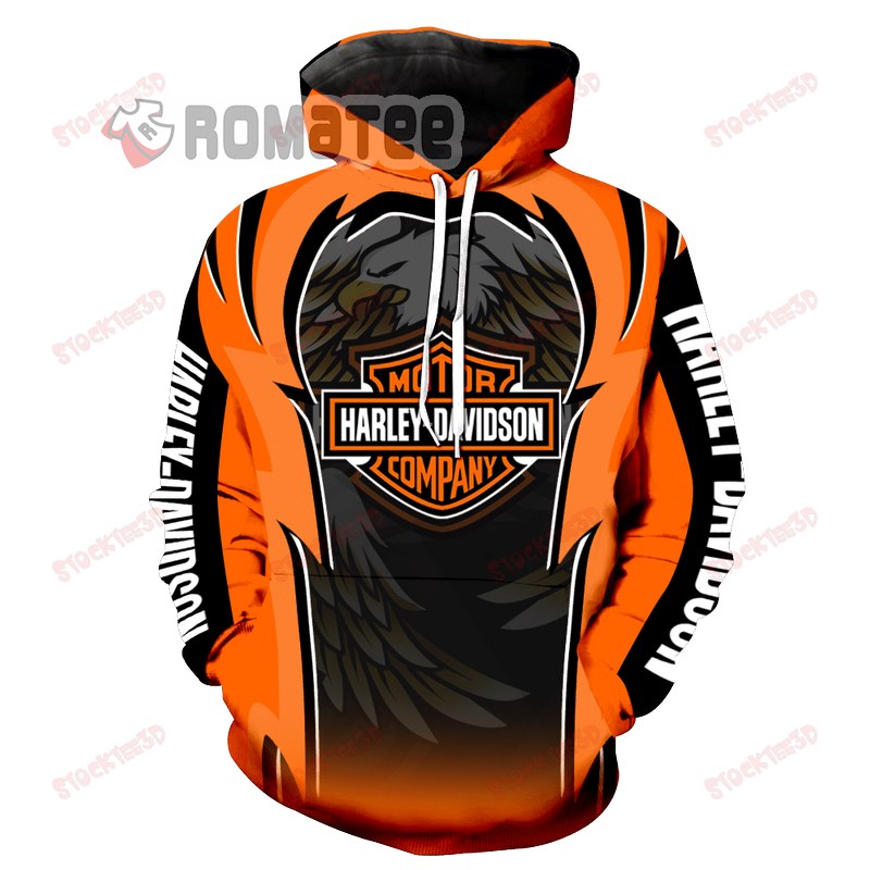 Eagle Head Harley Davidson Motorcycles Black Orange 3D All Over Print Hoodie