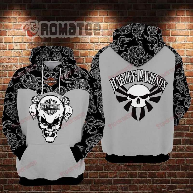 Fang Skull Harley Davidson Motorcycles Rose Triple Skull Non color 3D All Over Print Hoodie
