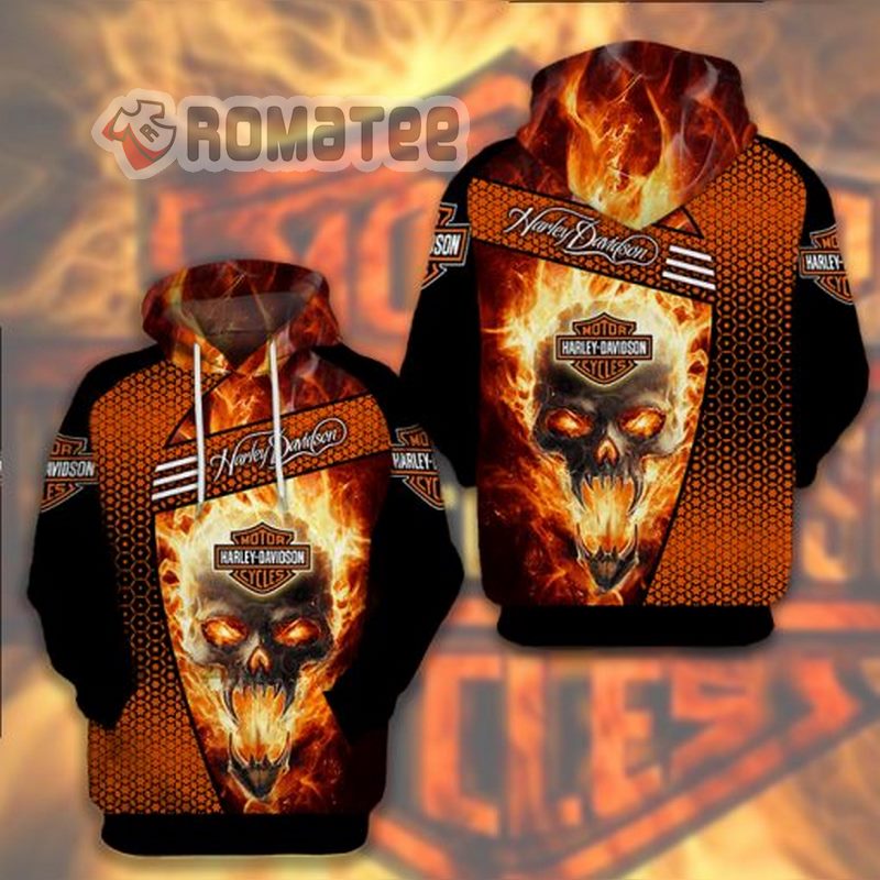 Harley Davidson Devil Angry Flaming Skull Half 3D All Over Print Hoodie